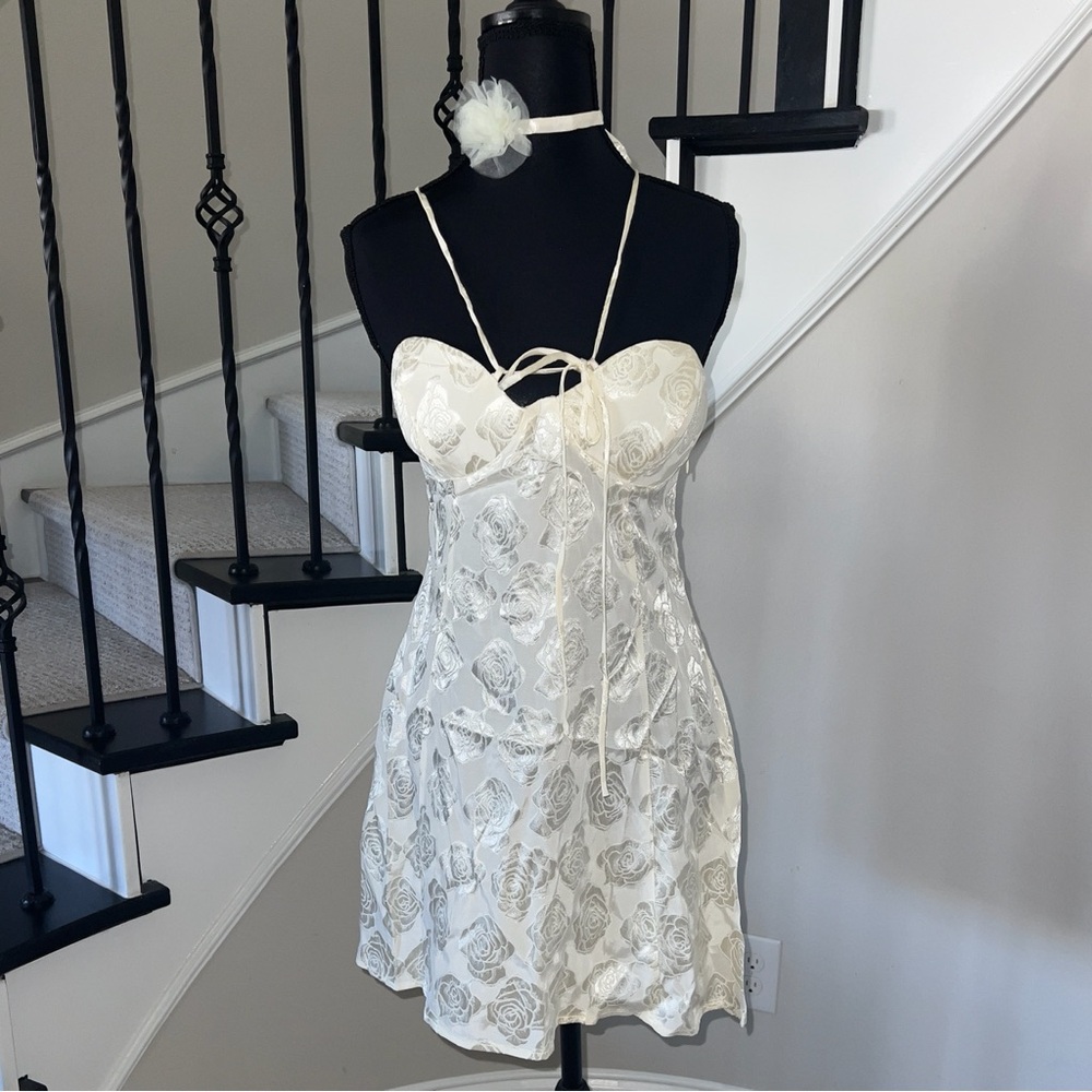 NWT For Love & Lemons Off White Floral Dress with Necktie (M)